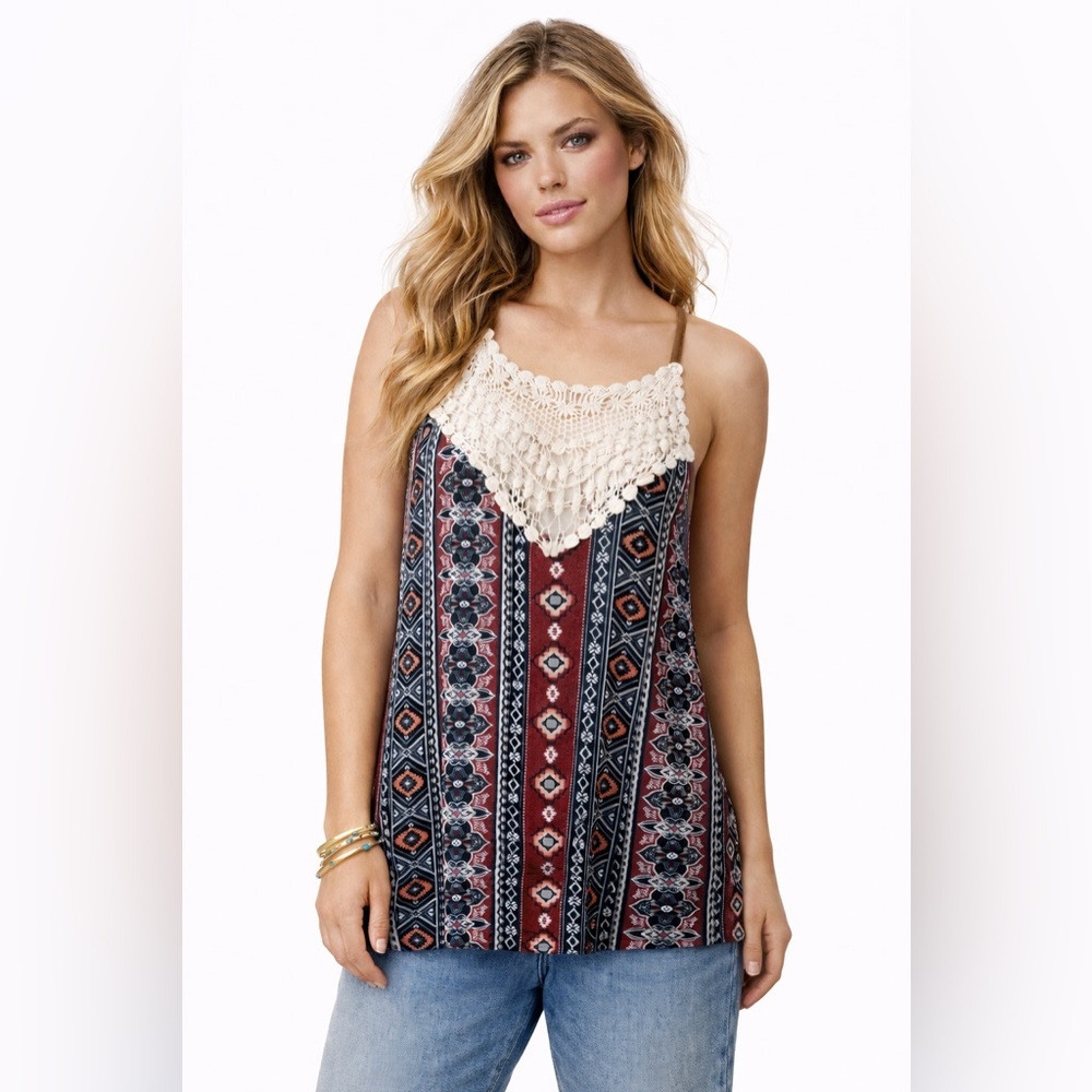 Urban Girl Women's Large‎ Boho Tank Top Crochet Lace Tribal Print Casual